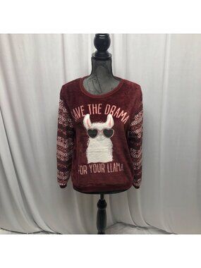 Save The Drama For Your Llama Plush Top Womens Size Medium Maroon Comfy Pullover